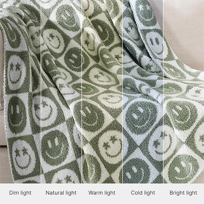 Soft Checkered Throw Blanket for Couch-Cozy Warm Knitted Blankets | Lightweight Warm Fluffy Decor for Women, Mom, Her & Girls, Sofa, Chair, Bed, 50x60in, Seagrass Smiling Face