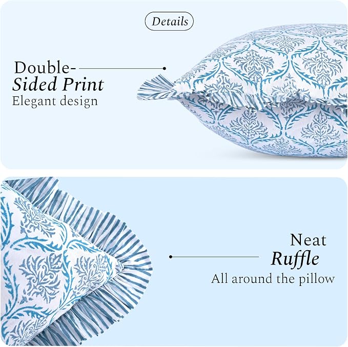 CPC Indigo Regal Hand Block Print 100% Cotton Ruffle Throw Pillow Cover 20x20 inch with Hidden Zipper Decorative for Couch, Bed, Sofa, Farmhouse, Cottagecore Decor Gift Christmas Fall Thanksgiving