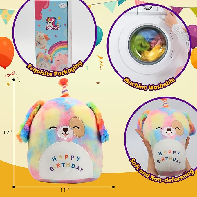 Easfan 12'' Original Rainbow Birthday Dog Plush Pillow Soft Puppy Plush Toy Cute Dog Stuffed Animal Birthday Gifts for Kids Toddlers