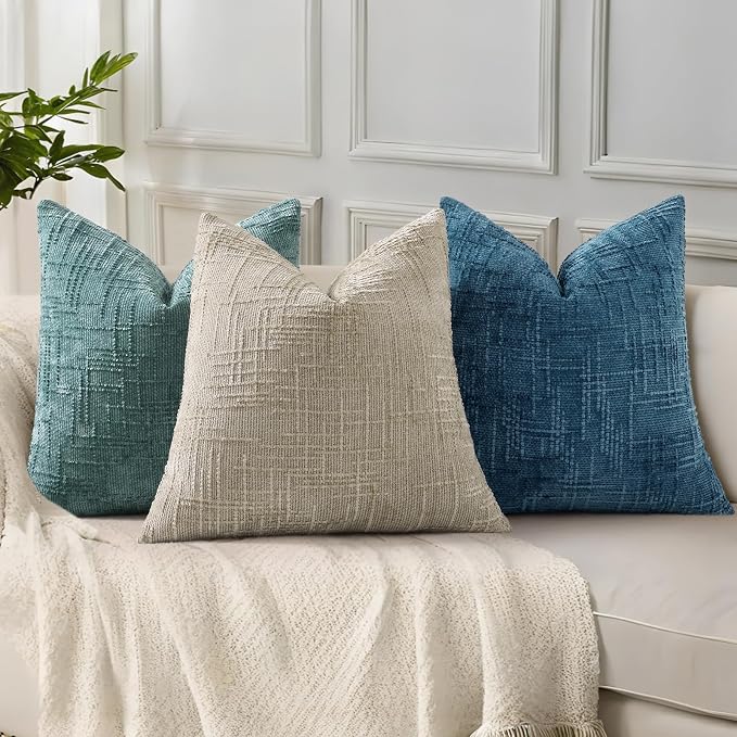 decorUhome Textured Chenille Throw Pillow Covers 20x20 Set of 2 Navy Blue | Fall Modern Farmhouse Soft Cozy Slubby Couch Pillow Cases Boho Decorative Pillow Cases for Bed Sofa Living Room Home Decor