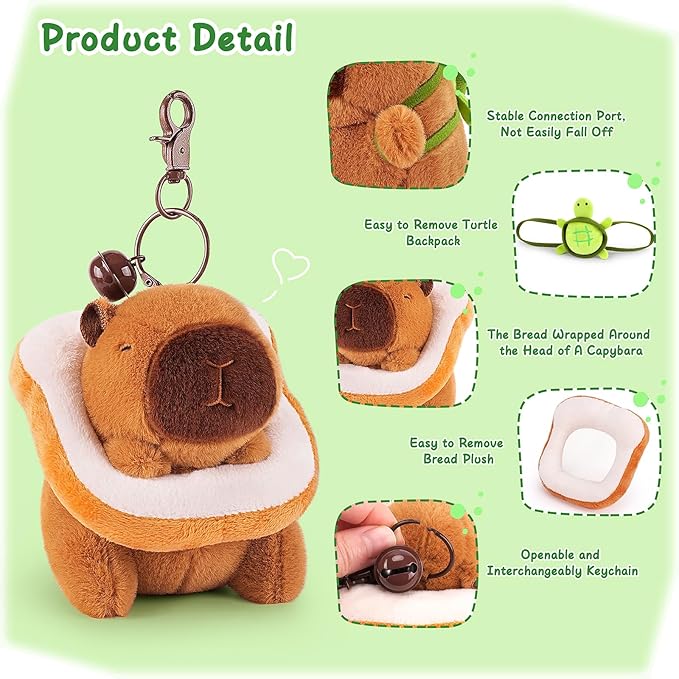 Achwishap 2PCS Capybara Plush Keychain,Cute Keychain Capybara Stuffed Animal,Soft Capybara Plush Toys Key Chain,Kawaii Plushie Stuffed Toys for Kids Adults(Capybara Turtle,Capybara Bread)