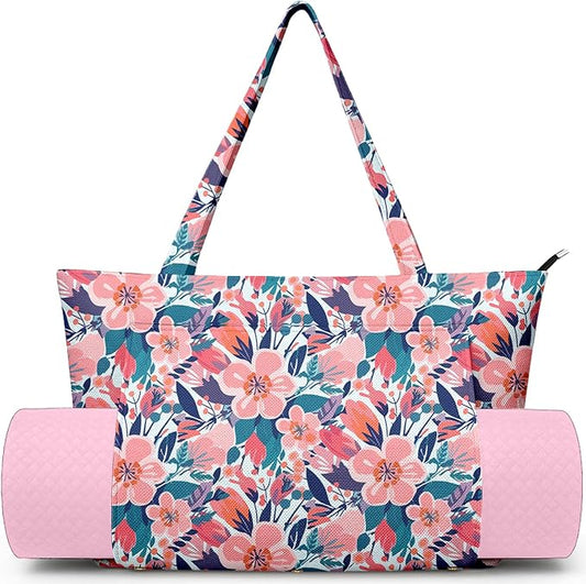Yoga Bag for Women, Large Canvas Yoga Mat Tote Bag with Yoga Mat Carrier - Large Mat Pocket Fitness Tote for Pilates, Gym, Travel, Office & Beach