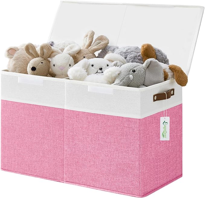 Large Toy Storage Box with Lids, Collapsible Sturdy Baby Storage Organizer Chest Bin Basket for Kids, Boys, Girls, Playroom, Nursery, Bedroom, Closet 25"x13"x16" (Pink and White)