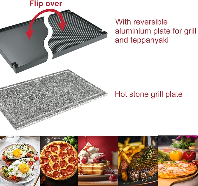 TAMARIT Raclette Grill with Extra Stone Plate, Indoor Electric Table Grill | Dual grill: reversible cast aluminum plate and granite stone, 8 nonstick cheese trays, 1300W, for 4- 8 person family parties