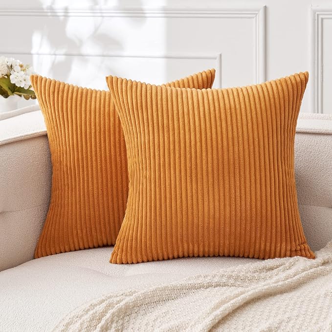 MIULEE Fall Euro Corduroy Throw Pillow Covers Set of 2 24x24 Burnt Orange | Decorative Striped Textured Cushion Cases, Boho Rustic Square Pillowcases, Home Decor for Couch Chair Sofa Bed Living Room