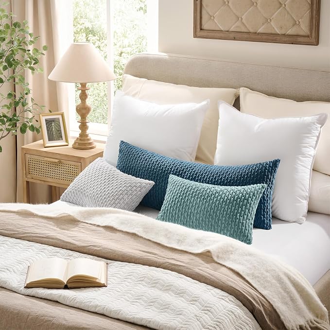 Kevin Textile Soft Corduroy 12"x20" Lumbar Pillow Cover 1 Pack, Blue | Boho Stripe Plush Corduroy Decorative Oblong Cushion Cover Modern Farmhouse Home Decor for Sofa Couch Bed Chair