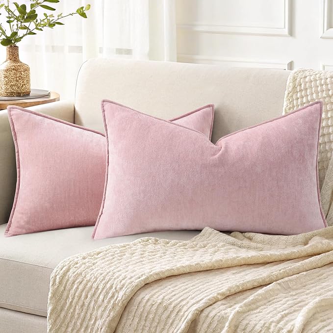 decorUhome Chenille Blush Pink Velvet Throw Pillow Covers 12x20 Set of 2 | Fall Soft Lumbar Couch Decorative Modern Farmhouse Pillow Cases with Elegant Design for Sofa Bed Living Room Home Decor
