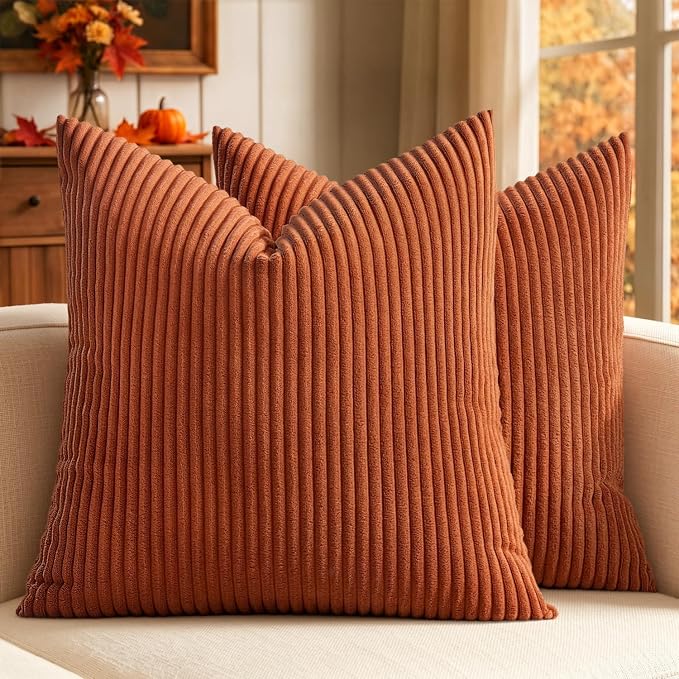 MIULEE Fall Decorative Corduroy Throw Pillow Covers Set of 2 18x18 Rust | Soft Striped Textured Cushion Cases, Boho Rustic Square Pillowcases for Home Decor, for Couch Chair Sofa Bed Living Room