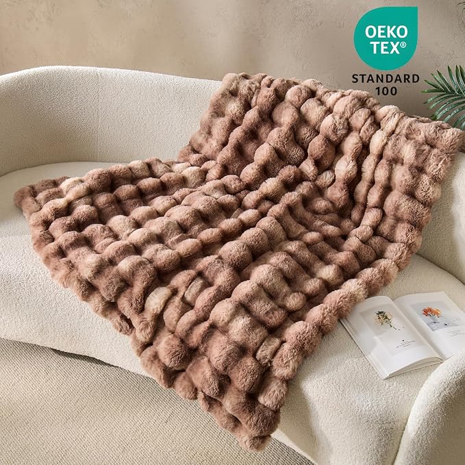 DOWNCOOL Faux Rabbit Fur Throw Blanket, Soft Fluffy Fuzzy Plush Bubble Blanket for Couch Sofa & Bed, Cozy Warm Luxury Fleece Minky Blanket, 60x80 Inches Tie-dye Brown