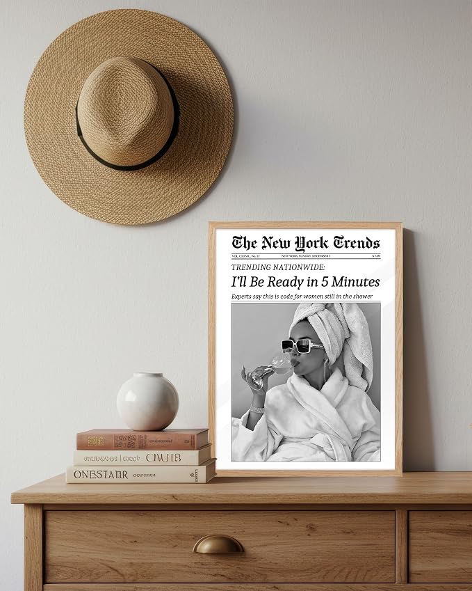 EcoHest Small 8x10 in I'll Be Ready in 5 Minutes Newspaper Framed Wall Art | Natural Oak Wood Frame with Canvas Wall Art, Feminist Newspaper Wall Decor for Bathroom, Bedroom, Apartment, Dorm Room, 1Pack