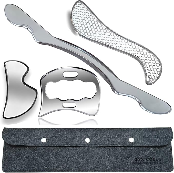 4 in 1 Stainless Steel Muscle Scraper Tool Set, IASTM Physical Therapy Massage Tools, Soft Tissue and Gua Sha Scraping Kit