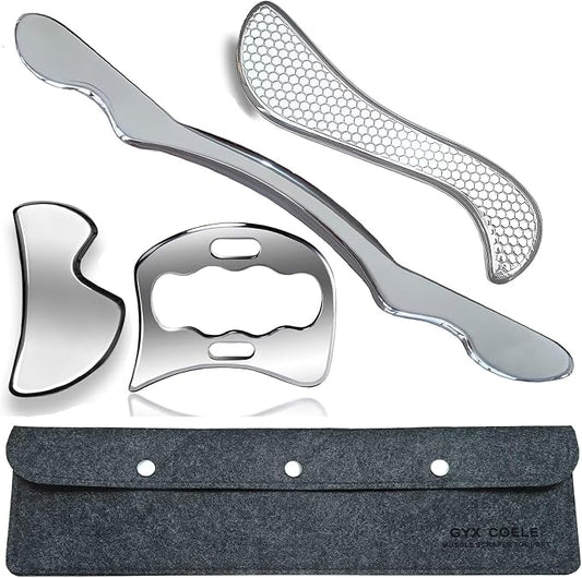 4 in 1 Stainless Steel Muscle Scraper Tool Set, IASTM Physical Therapy Massage Tools, Soft Tissue and Gua Sha Scraping Kit