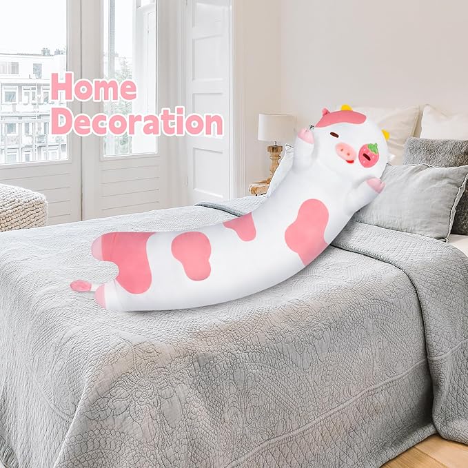 Long Cow Plush 5 Sizes, 120% Extra Filling Giant Plushness Kids Body Pillow, Kawaii Cute Strawberry Cow Stuffed Animals Plushies, Big Long Body Pillow Cat Plush Gift for Girls 53”