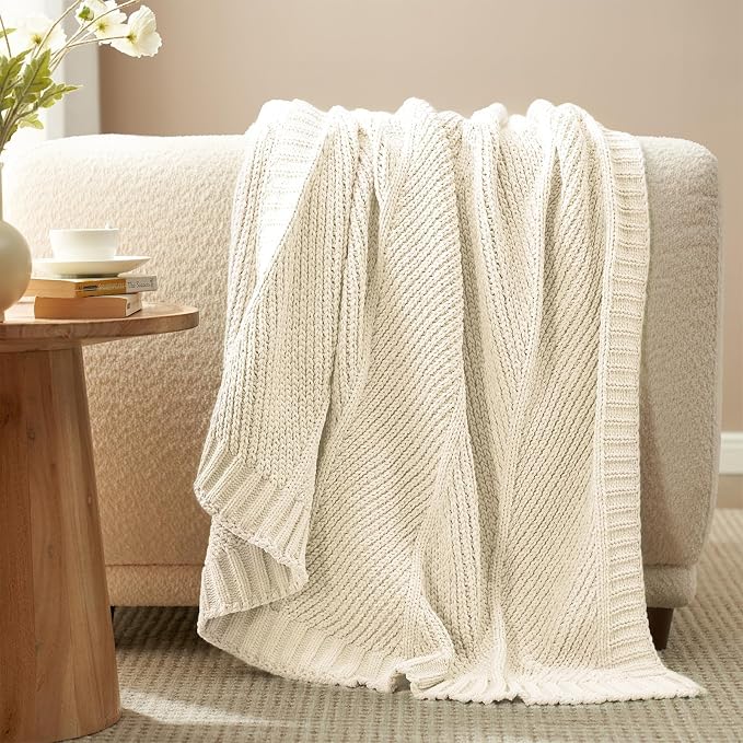 Knit Throw Blanket, Soft Chenille Cozy Breathable Chevron Chunky Decorative Blanket for Couch, Bed & Sofa, French-Inspired Lightweight Warm Gift for Women, Ivory, 60"x80"
