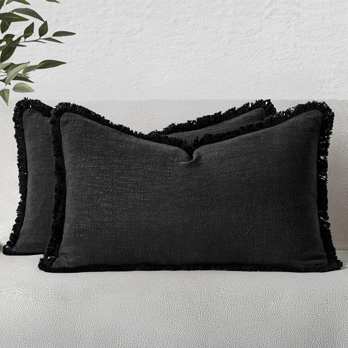 MIULEE Boho Linen Fringe Decorative Lumbar Throw Pillow Covers Black 12x20 | Set of 2, Cottagecore Decor, Boho Farmhouse Neutral Pillow Covers, Rustic Couch Cushion Cases for Sofa Bed Living Room