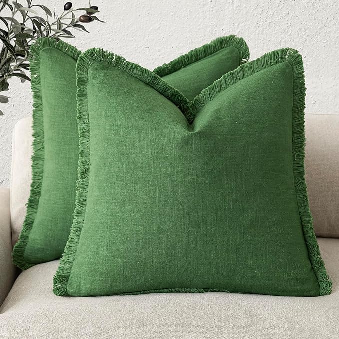 Foindtower Set of 2 Decorative Linen Fringe Throw Pillow Covers Cozy Boho Farmhouse Cushion Cover with Tassels Soft Accent Pillowcase for Couch Sofa Bed Living Room Home Decor,22×22 Inch,Forest Green