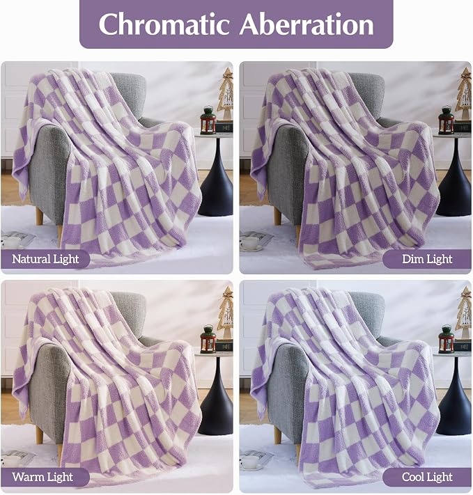 Soft Twin Size Checkered Blanket for Bed-Cozy Knitted Blankets | Lightweight Fluffy Warm Decor for Women, Mom, Her & Girls, Sofa, Chair, Couch, 60x80in,Purple