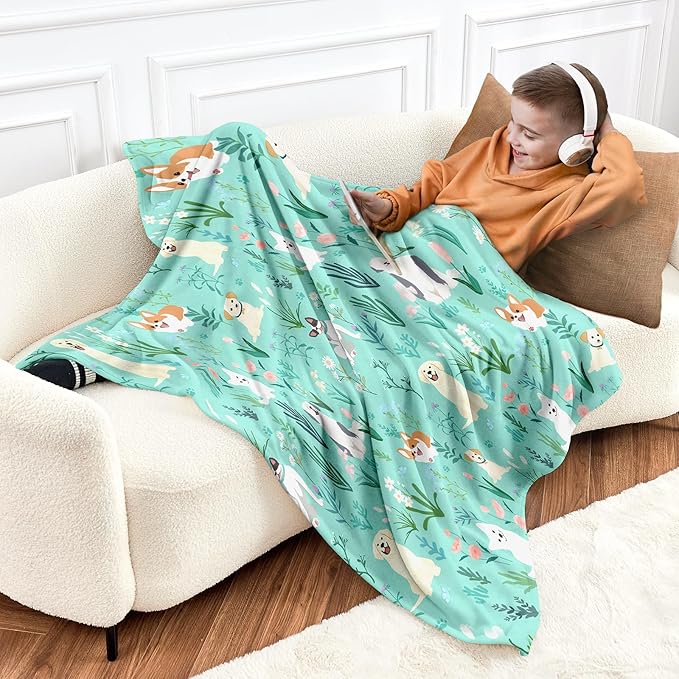 Wajade Floral Puppy Dog Blanket for Kids Toddler Soft Flannel Sage Green Bed Blanket for Kids Adults Teens Plush Cute Christmas Birthday Gifts 60"x80"