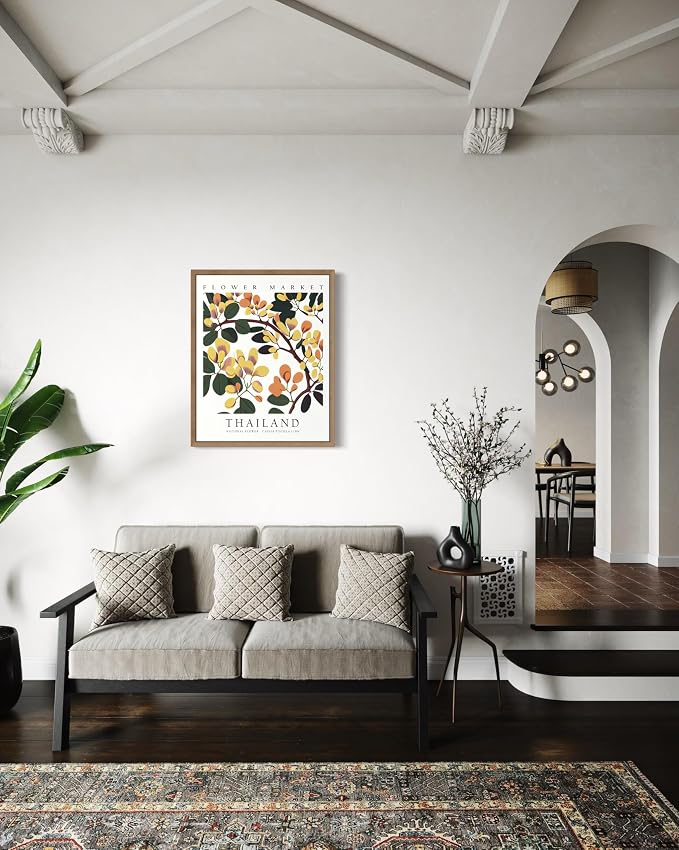 Thailand Flower Market Art Print Poster, Wall Art Floral Painting Botanical Decor for Bedroom, Kitchen, Bathroom Livingroom Decoration 82B (Thailand, 20"L x 16"W, Wood Frame)