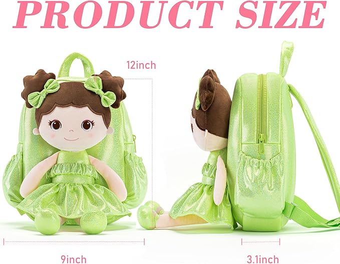 Lazada Toddler Backpack - Baby Girl Gifts Curly Fingerprints Plush Doll Dress Backpack - Fashion Girls Curly Rolled Fingerprints Series - Fluorescent Green 11 Inches