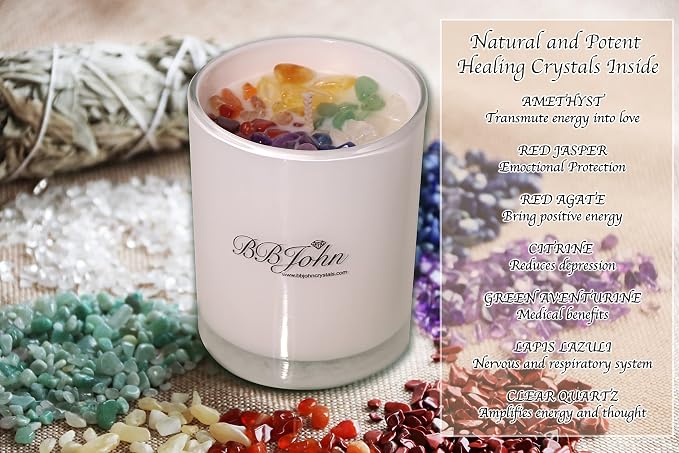 Chakra Crystal Candle - Manifestation Intention - Healing Crystals Gemstones - Seven Chakras Stones - Meditation - Spiritual Aromatherapy - Stress Relief, Relaxing & Balance - Natural Soy Wax