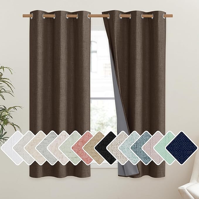 NICETOWN Coffee Vintage Linen 100% Blackout Curtains for Classroom, Thermal Insulated Curtains 63" Long, Noise Reducing Window Treatment Drapes for Gym Room, 42" Wide Per Panel, Set of 2