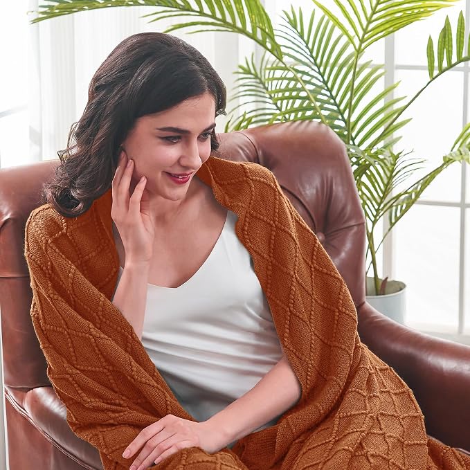 inhand Orange Rust Knitted Throw Blanket for Couch and Bed, 60"x80" | Soft Cozy Knit Blanket with Tassel, Lightweight Decorative Blankets and Throws, Farmhouse Warm Woven for Men and Women