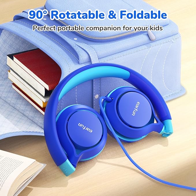 EarFun S1 Kids Headphones, Foldable Wired Headphones for Kids, 85dB Volume Limit, Stereo Sound, Adjustable Headband, Portable Lightweight On-Ear Headphone for School/Travel/Boys/Girls (Blue&Pink)