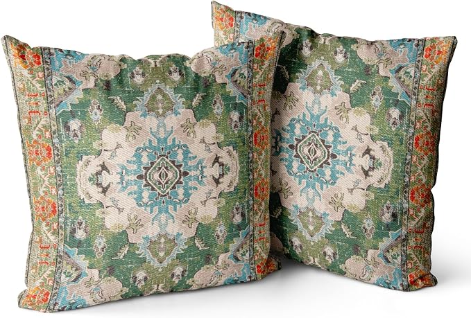 Snycler Boho Throw Pillow Covers 24x24 inch Set of 2 Boho Rug Carpet Double Sided Pattern Cotton Soft Pillow Case Cushion Cover Pillowcase for Couch Sofa Bed Decorative (Green)