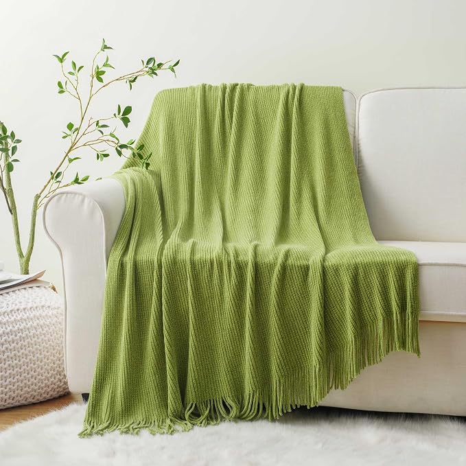 BATTILO HOME Apple Green Throw Blanket for Couch, 60"x80" | Soft Knit Chenille Throw Blanket with Tassels for Home Decor, Spring Green Throws for Couch Cover
