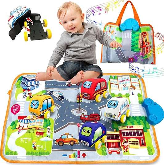 Soft Cars Toys with Voiced Playmat for One Year Old Toddler, Birthday Gifts for Infant 1 to 3 Years Boys and Girls, Musical Mat Easy Storage