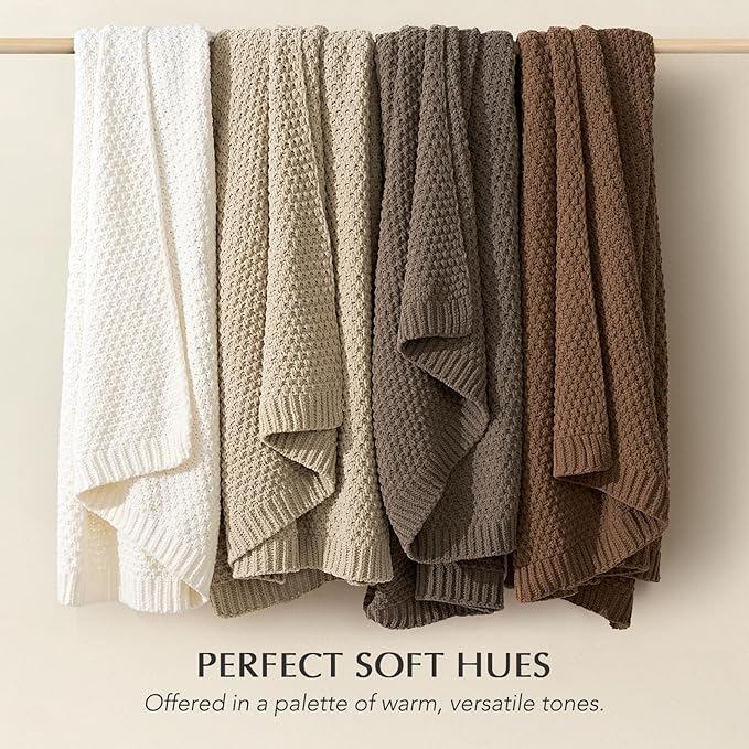 EVERGRACEHOME Chunky Chenille Knit Throw Blanket for Couch, Soft Luxurious Moss Stitch Blankets for Bed, Cozy Decorative Farmhouse Knitted Throws for Sofa, Mocha Brown, 50" x 60"
