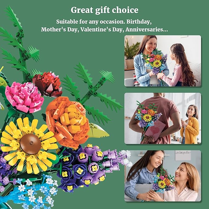 Flowers Bouquet Building Blocks Set with Vase 1853PCS, Botanical Collection with Sunflower Rose for Home & Office Décor for Adults Girls 14+