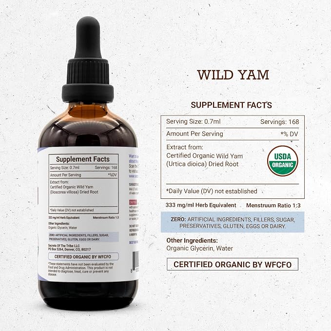 Secrets of the Tribe Wild Yam Alcohol-Free USDA Organic Tincture (Glycerite) Responsibly farmed Wild Yam (Dioscorea Villosa) Dried Root (4 Fl Oz) Hormone Support Supplement