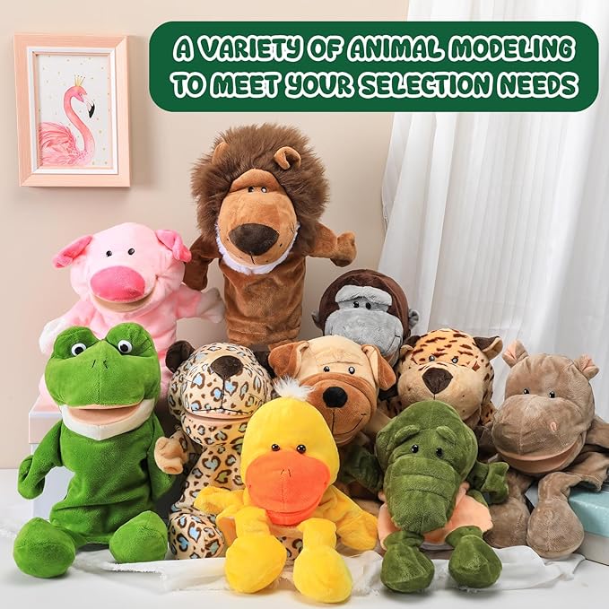 Wettarn 10 Pcs Animal Hand Puppets 12 Inch Soft Plush Plush Puppets Lion Orangutan Giraffe Tiger Pig Elephant Hand Puppets for Boys and Girls Storytelling, Teaching, Role Playing(Fresh Style)