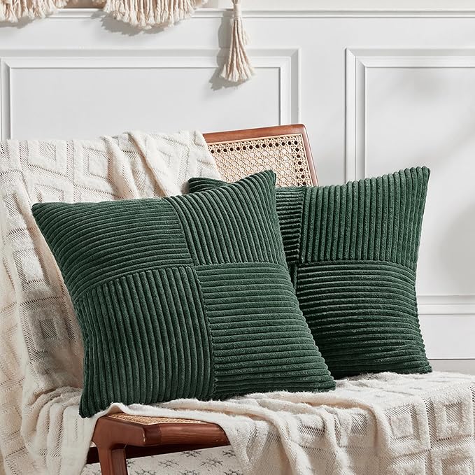 Fancy Homi Set of 2 Dark Green Decorative Throw Pillow Covers 24x24 Inch for Bedroom Couch Bed, Boho Farmhouse Forest Green Home Decor, Soft Corss Corduroy Patchwork Textured Cushion Case 60x60 cm