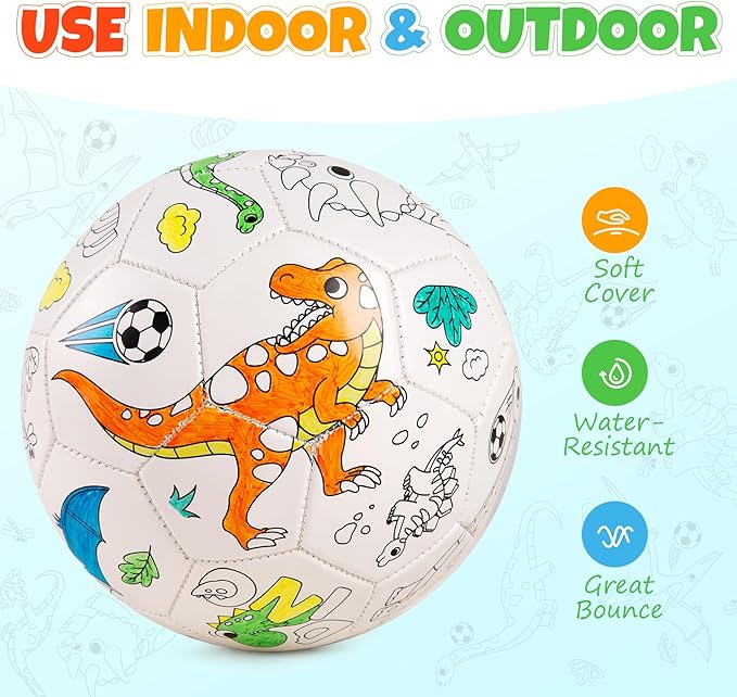 EVERICH TOY Paint Your Own Soccer Ball with Markers, Toddler Arts and Crafts Soccer Gifts, Kids Soccer Ball Size 3 Dinosaur Toys for Boys Girls, Sport Drawing DIY Design Color Play Ball Game with Pump