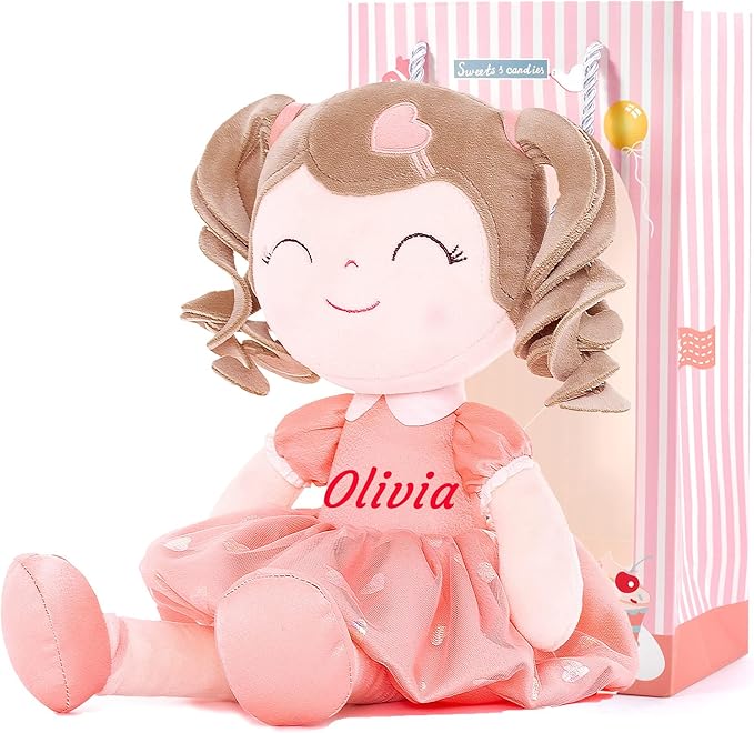Gloveleya Personalized Baby Girl Gifts – Soft Plush Rag Doll with Name Embroidery, Curly Hair Orange Heart Dress, 16 Inches Cute Companion for Kids, Birthday