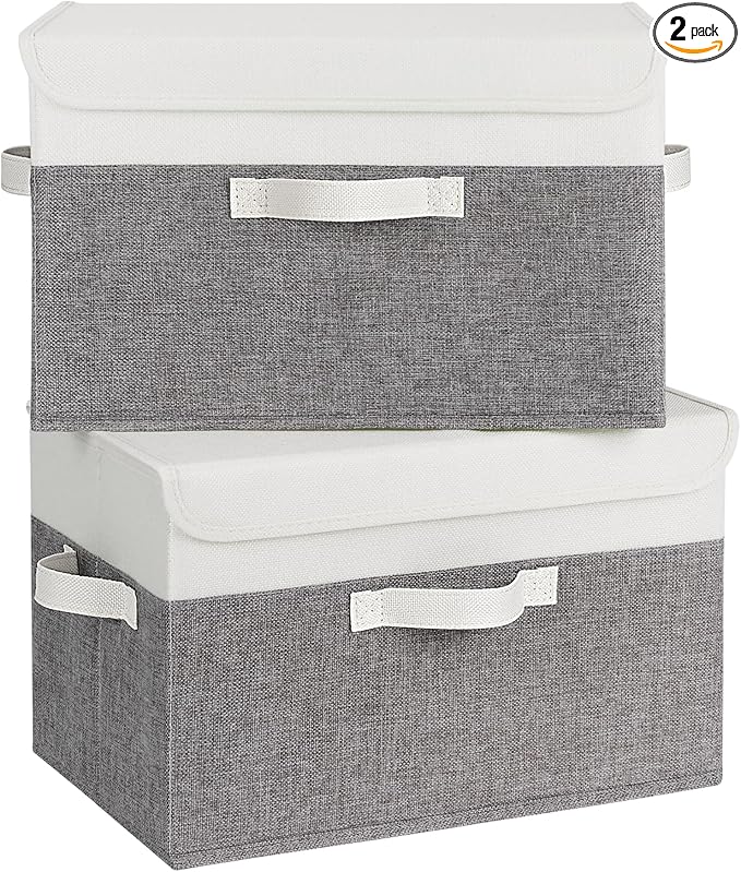 GRANNY SAYS Memory Keepsake Storage Box, Fabric Storage Bins with Lids | Flip-Top Lid, Collapsible, Stackable, 3 Handles, Ideal for Closet Clothes Blanket Toys, Large, White/Gray, 2-Pack