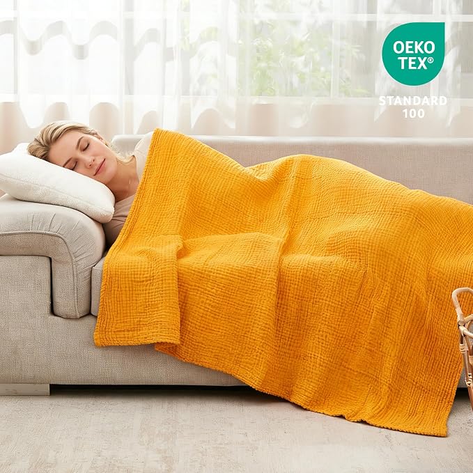 EMME Muslin Blankets for Adults Throw Blanket for Couch Breathable Gauze Soft Lightweight Airy Mustard Yellow Throw 50" x 60"