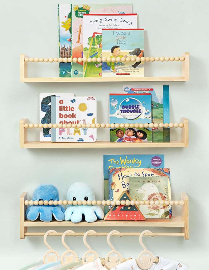 Maxpeuvon Wood Nursery Floating Shelves Cloud Shape Set of 2 | Natural Wood Nursery Shelves with Towel Bar, Wall Storage for Books, Toys and Decor, for Kids Room, Bedroom, Living Room