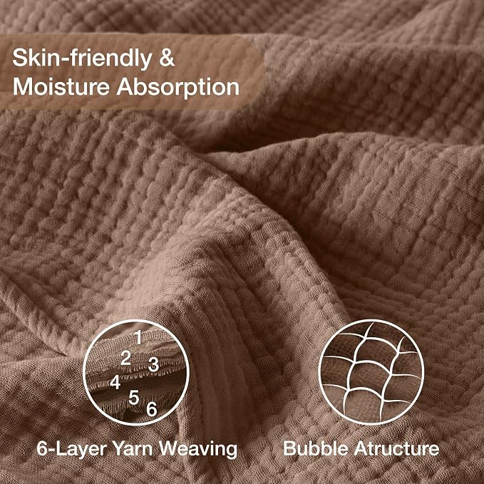 100% Cotton Muslin Blanket Queen 90" x 90", Breathable and Lightweight Cotton Throw Blankets for Bed, Soft Cooling Summer Gauze Blanket for Adults All Season, Tan