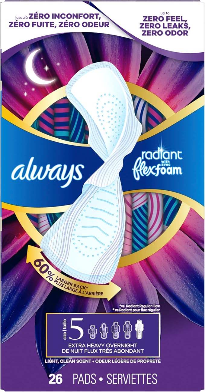 Always Radiant Feminine Pads for Women, Flexfoam Pads with Wings, Size 5, Extra Heavy Overnight Absorbency, Lightly Scented, 26 Count