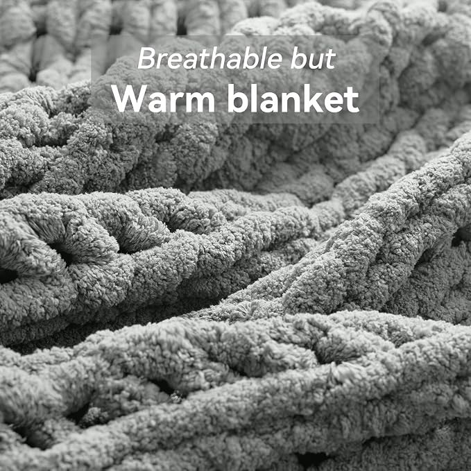 Negwoo Chunky Knit Throw Blanket, Knitted Throw Chenille Yarn, 80"*90" | Soft Thick Cable Knitted Blankets, Handmade Big Thick Blanket, Machine Washable Cute Comfy Blanket for Home Decor, Light grey