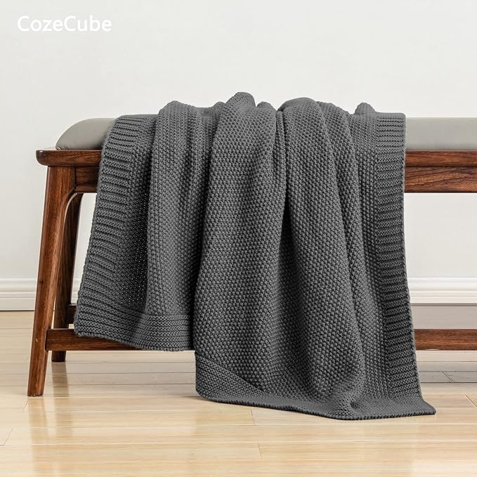 CozeCube Charcoal Grey Seed Stitch Throw Blanket 50"x60", Farmhouse Decor | Blanket for Couch, Soft Cozy Cable Knit Throw for Bed Sofa Living Room, Lightweight Warm Decorative Christmas Blanket