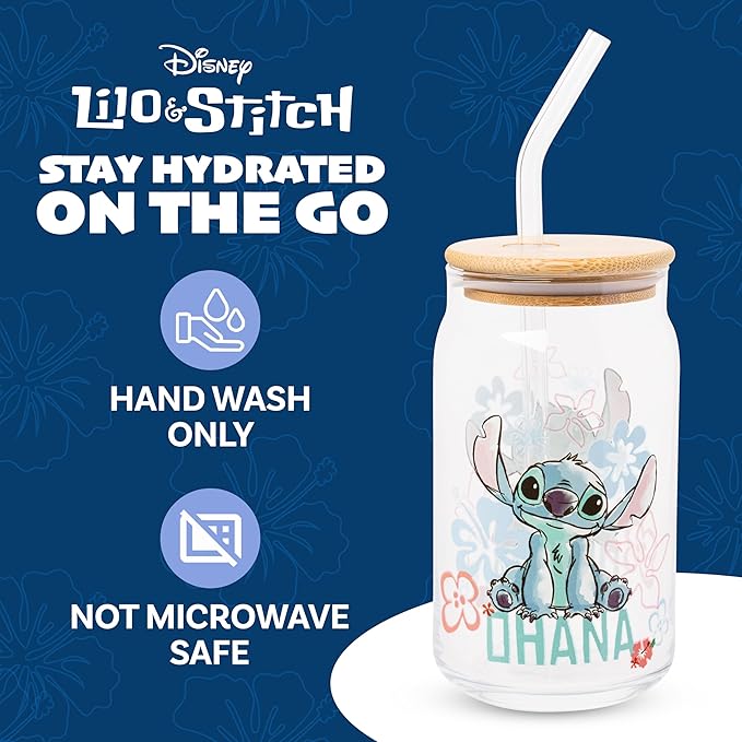 Silver Buffalo Disney Lilo and Stitch Ohana Floral Glass Jar Tumbler with Bamboo Lid and Glass Straw, 16 Ounces