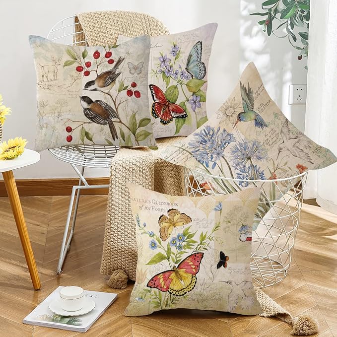 wyooxoo Farmhouse Pillow Covers 18x18 Set of 4 Spring Summer Throw Pillow Covers Linen Flower Butterfly Bird Decorative Pillowcases for Sofa Couch Living Room Outdoor