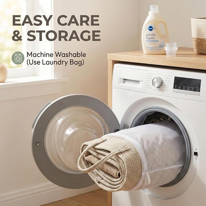 JMvicyroam 65L Extra Large Machine Washable Cotton Rope Blanket Basket | Collapsible Laundry Hamper, Reinforced Handles, For Blankets, Pillows, Toys and Clothes, Living Room and Bedroom, Oatmeal