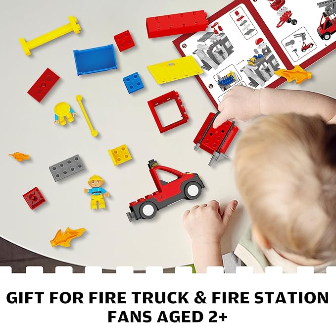 Fire Station Playset, Fire Trucks for Toddlers 3-5, Classic Big Building Blocks Compatible with Lego Fire Station and DUPLOs for Age 3-5, Firefighter Gifts, Firetruck Toys 3-5 Years Old