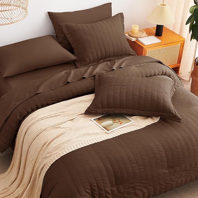 CozyLux Full Size Comforter Sets with Sheets 7 Pieces, Brown Seersucker Bed in a Bag Textured Luxury Soft Bedding Sets with Down Alternative Comforter, Sheets, Pillowcases & Shams for All Seasons